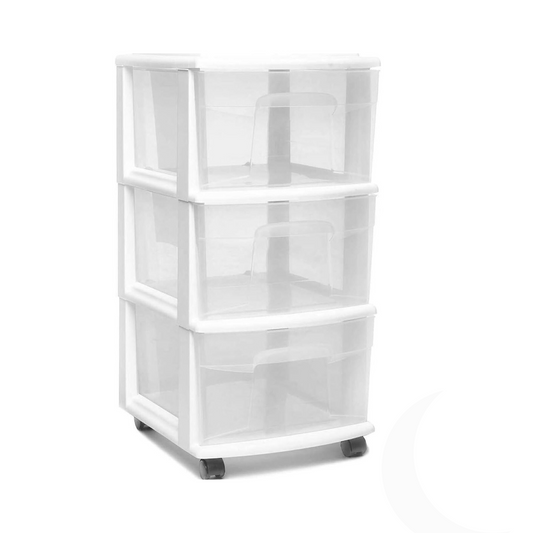 White Frame Clear Plastic 3 Drawer Medium Home Improvement Storage Container Tower with 3 Large Drawers and Removable Caster Wheels